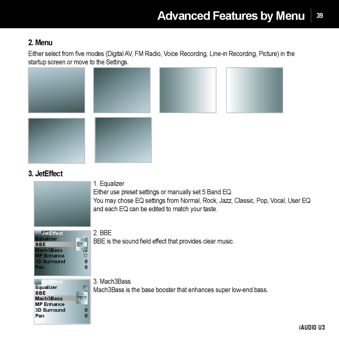 Cowon Systems U3 manual Menu, JetEffect 