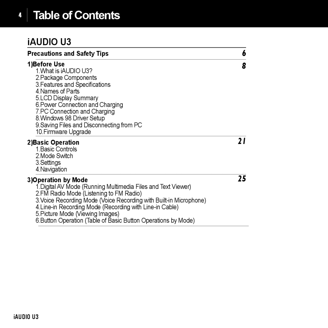 Cowon Systems U3 manual Table of Contents 