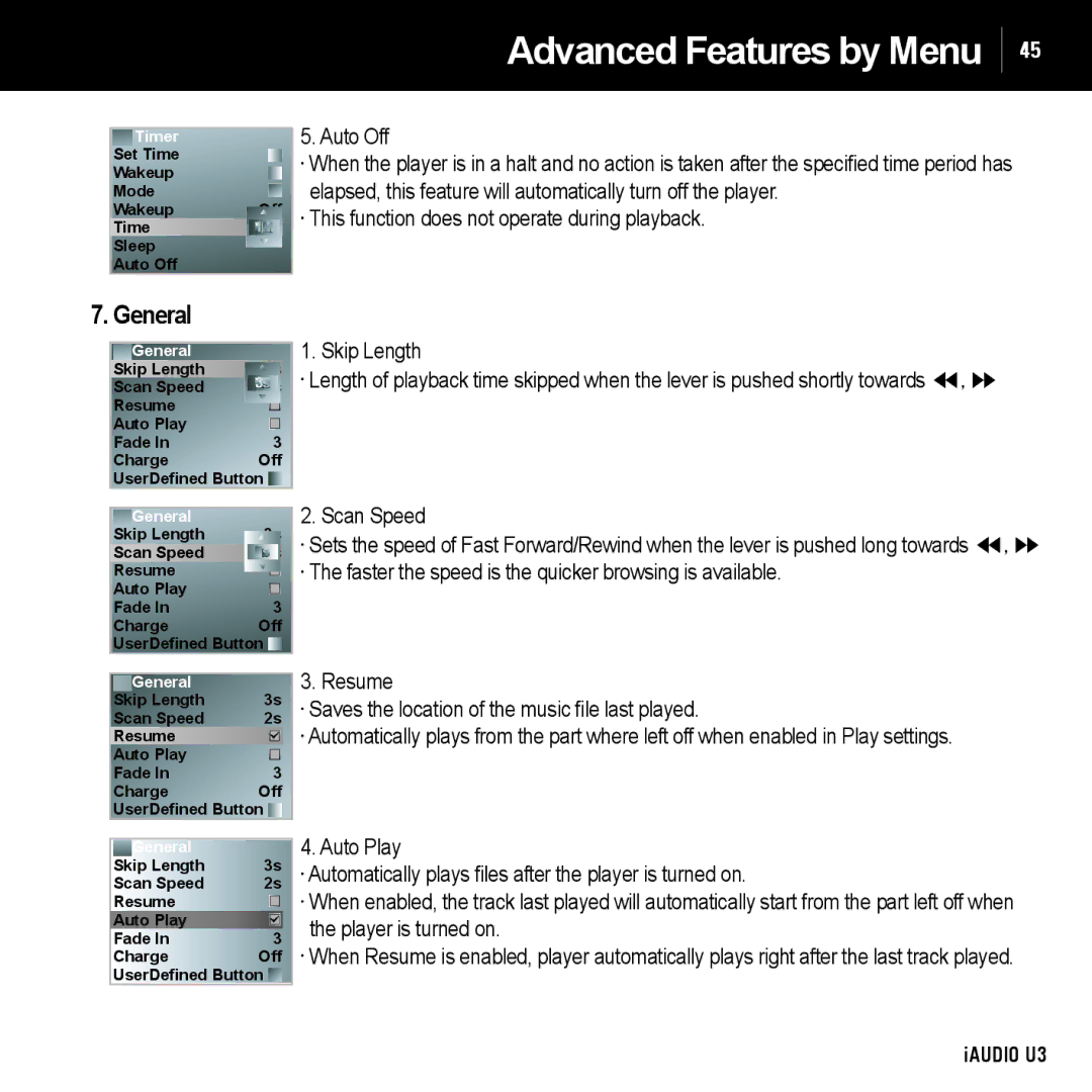 Cowon Systems U3 manual Auto Off, This function does not operate during playback, Skip Length, Scan Speed 