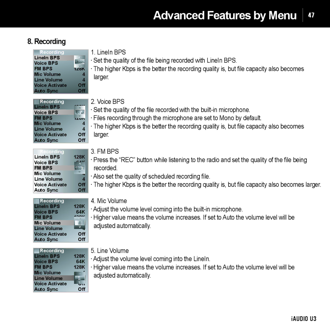 Cowon Systems U3 manual Recording, Fm Bps 