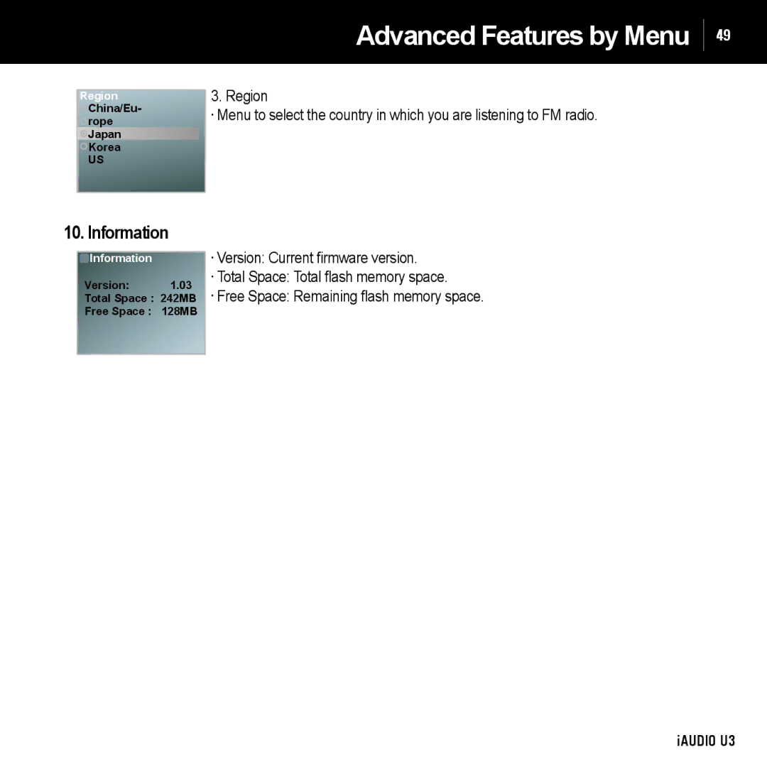 Cowon Systems U3 manual Information, Version Current ﬁ rmware version 