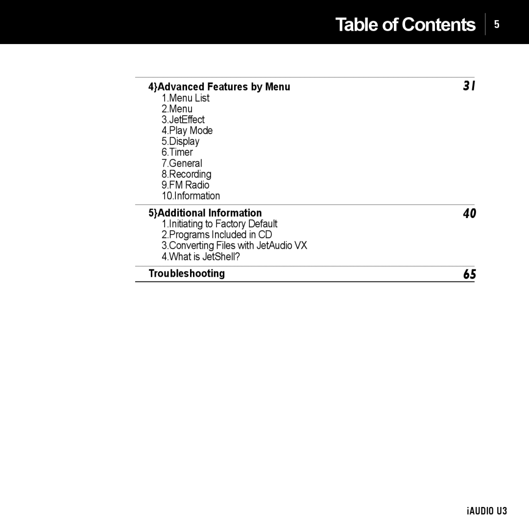 Cowon Systems U3 manual 4Advanced Features by Menu, 5Additional Information, Troubleshooting 