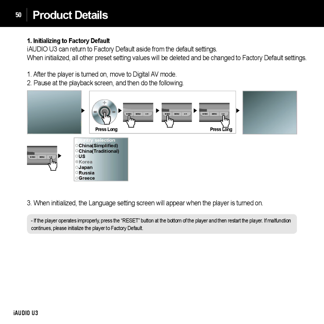 Cowon Systems U3 manual Product Details, Initializing to Factory Default 