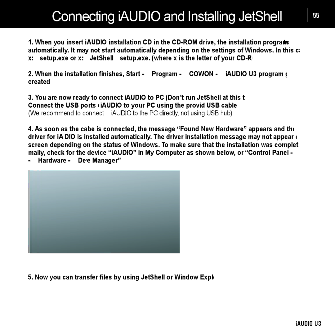 Cowon Systems U3 manual Connecting iAUDIO and Installing JetShell 