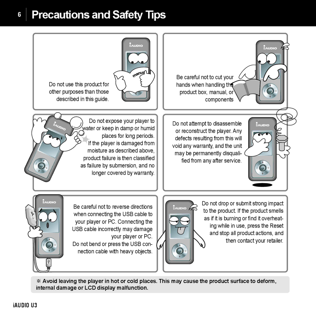 Cowon Systems U3 manual Precautions and Safety Tips, Ed from any after service 