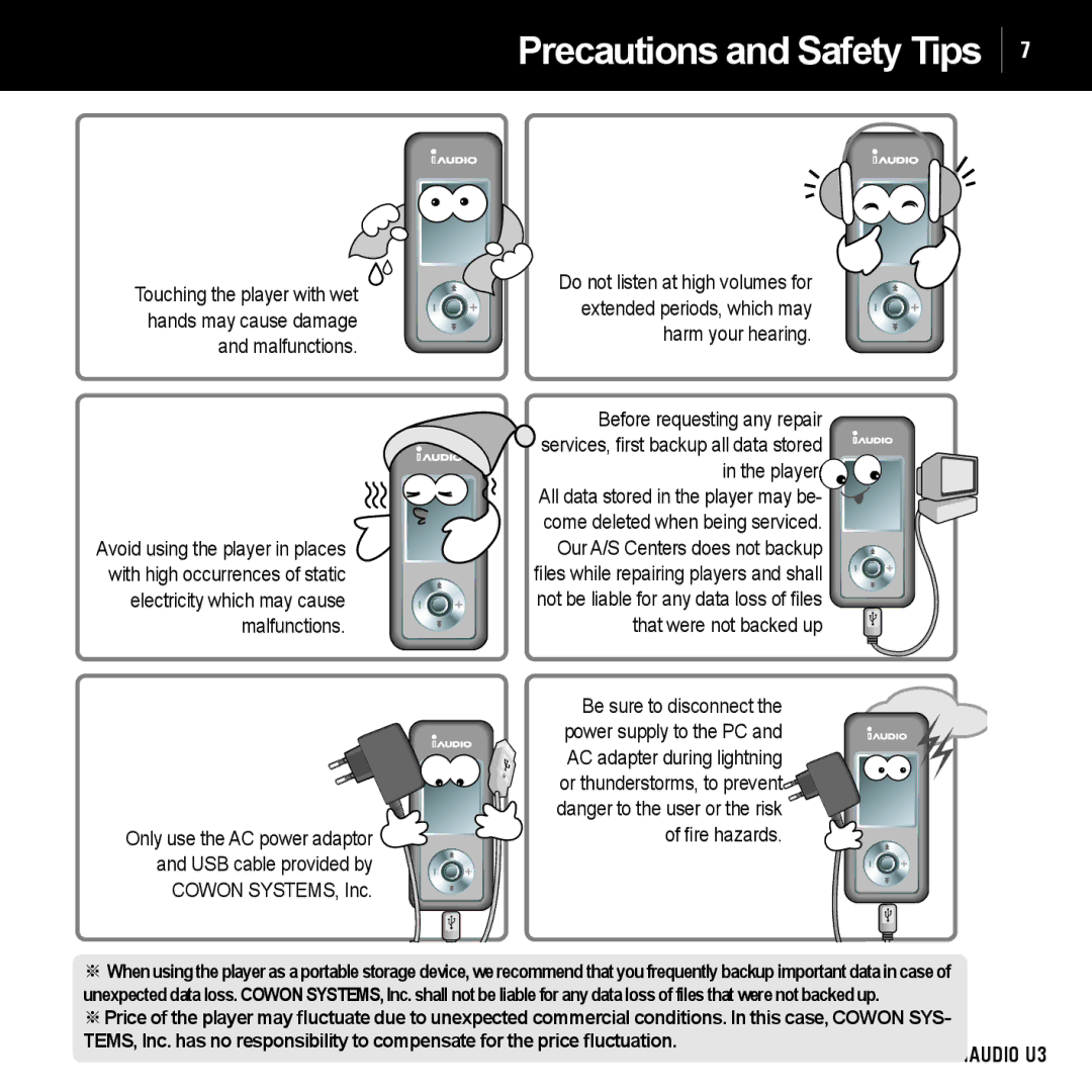 Cowon Systems U3 manual Precautions and Safety Tips, Player, That were not backed up, Cowon SYSTEMS, Inc, ﬁ re hazards 