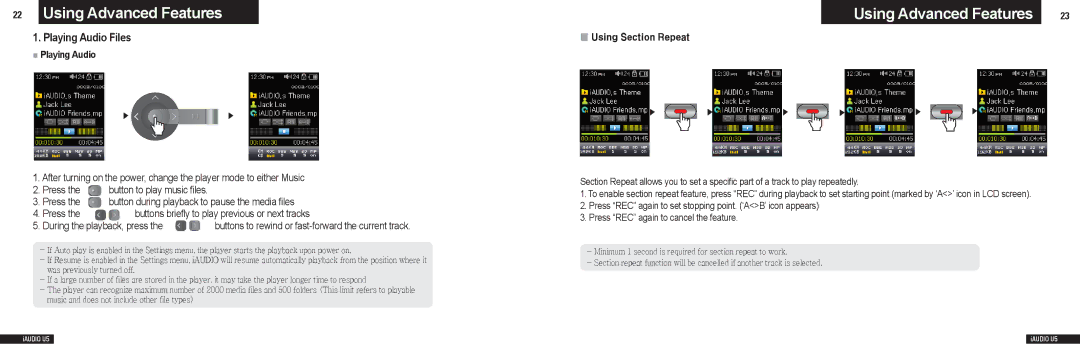 Cowon Systems U5 manual Using Advanced Features, Playing Audio Files 