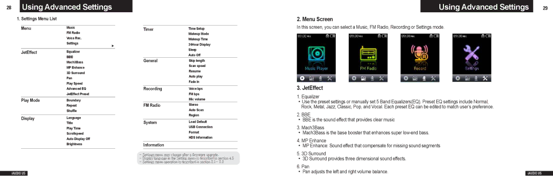 Cowon Systems U5 manual Using Advanced Settings, Menu Screen, JetEffect, Settings Menu List, Equalizer 