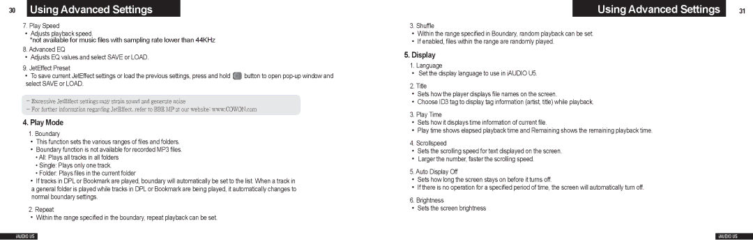 Cowon Systems U5 manual Play Mode, Display 