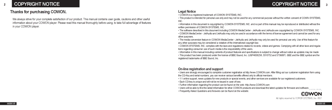 Cowon Systems U5 manual Legal Notice, On-line registration and support 