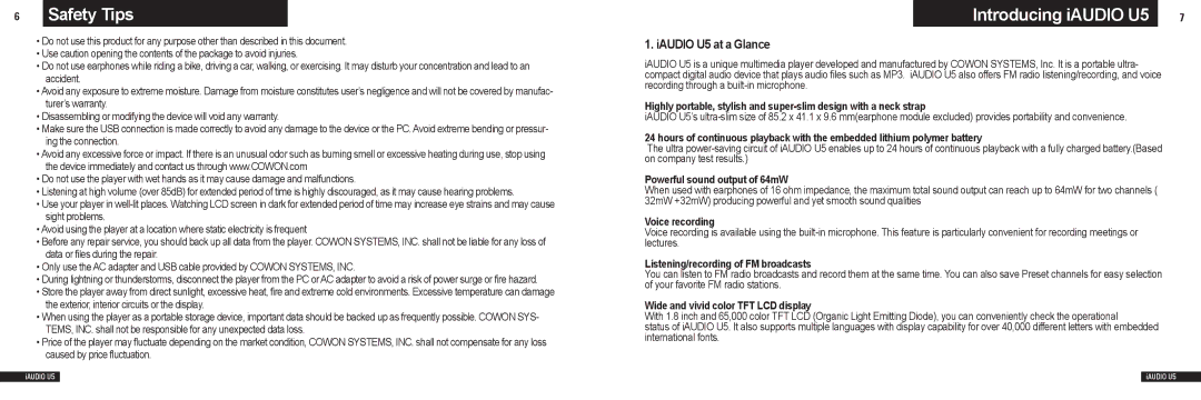 Cowon Systems manual Safety Tips, Introducing iAUDIO U5, IAUDIO U5 at a Glance 