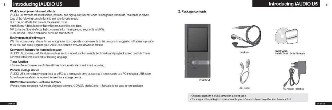 Cowon Systems U5 manual Package contents 