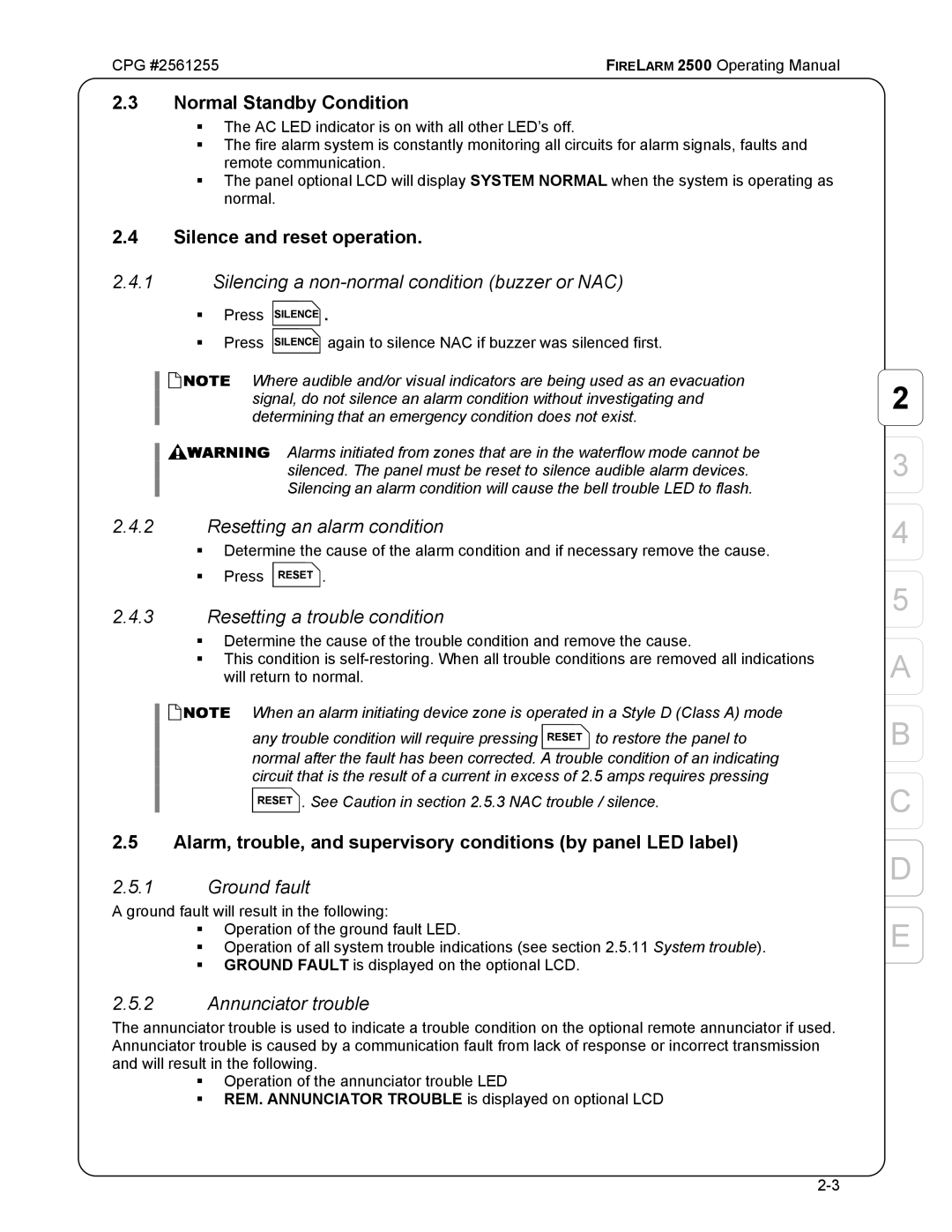 CPG CPG #2561255 manual Normal Standby Condition, Silence and reset operation 