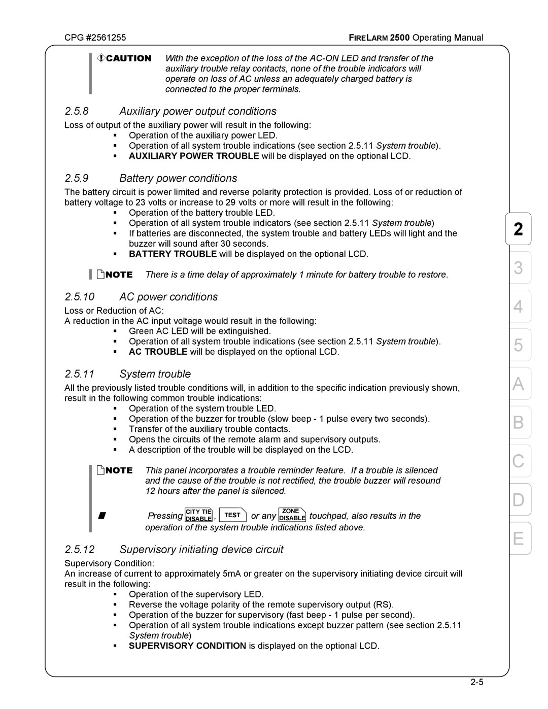 CPG CPG #2561255 manual Auxiliary power output conditions, Battery power conditions, AC power conditions, System trouble 