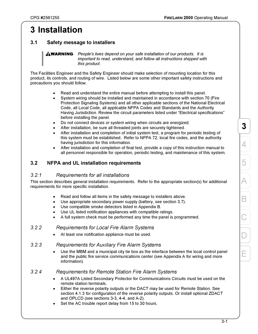 CPG CPG #2561255 manual Installation, Safety message to installers, Nfpa and UL installation requirements 