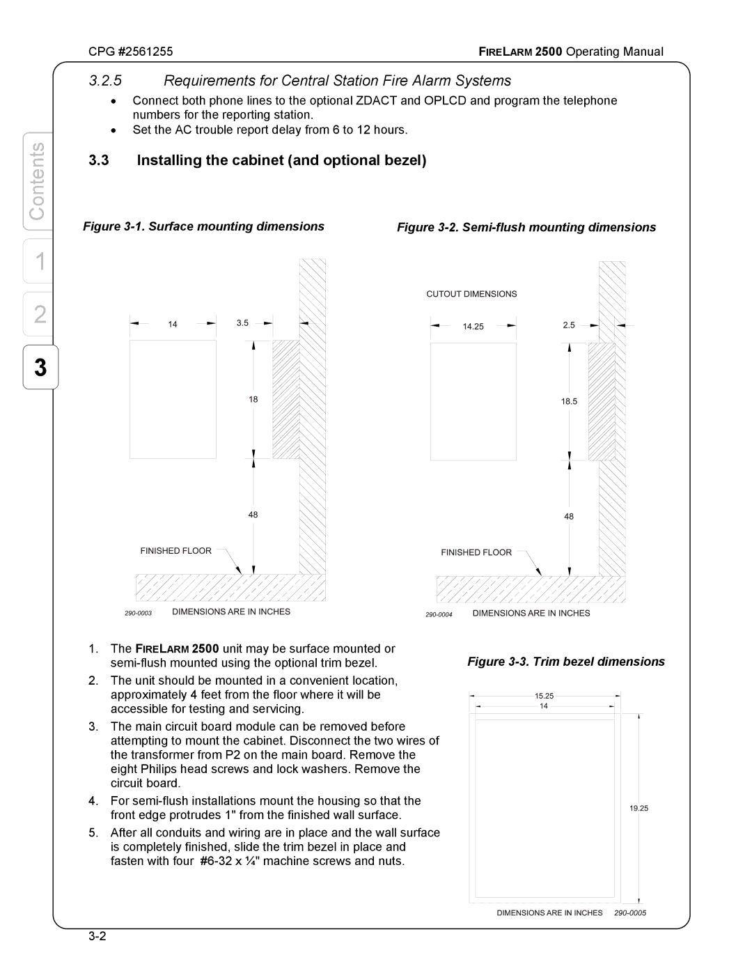 CPG CPG #2561255 manual Requirements for Central Station Fire Alarm Systems, Installing the cabinet and optional bezel 