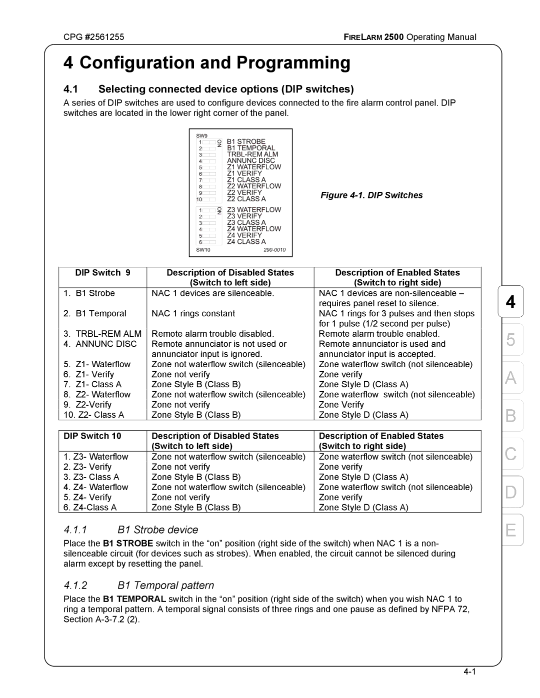 CPG CPG #2561255 manual Configuration and Programming, Selecting connected device options DIP switches, 1 B1 Strobe device 