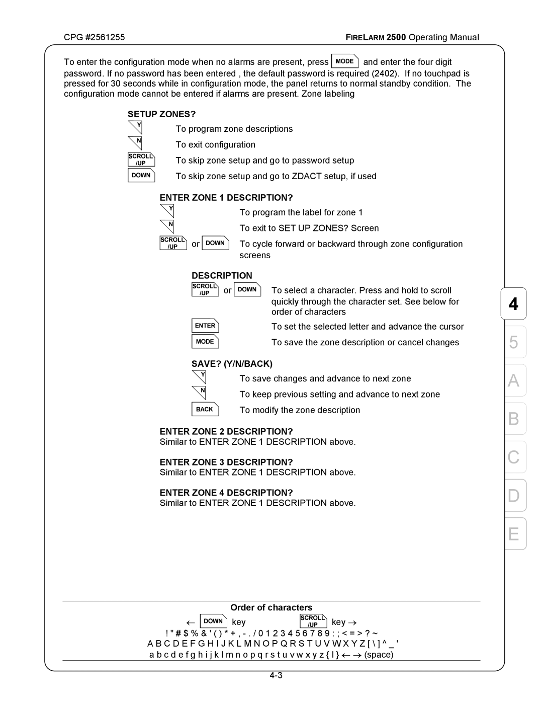 CPG CPG #2561255 manual Setup ZONES?, Order of characters 