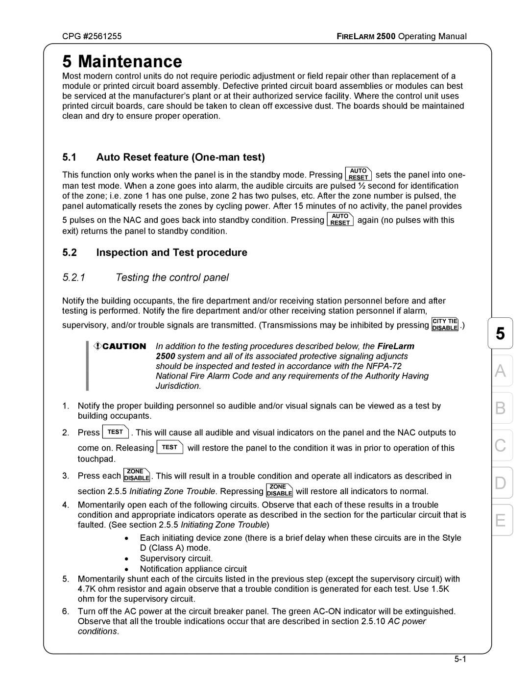 CPG CPG #2561255 Maintenance, Auto Reset feature One-man test, Inspection and Test procedure, Testing the control panel 