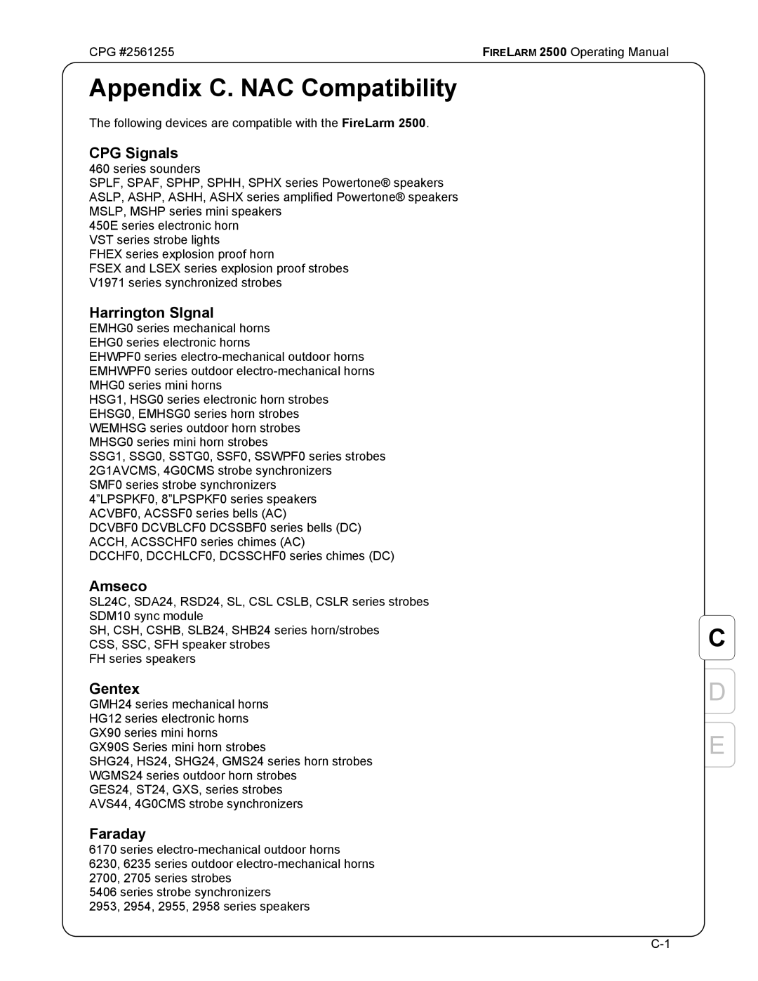 CPG CPG #2561255 manual Appendix C. NAC Compatibility 