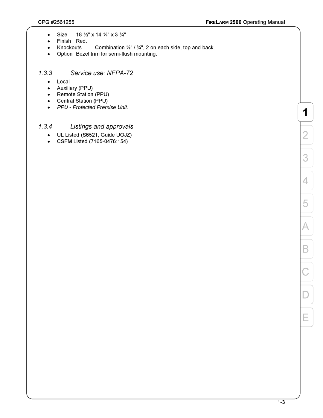 CPG CPG #2561255 manual Service use NFPA-72, Listings and approvals 