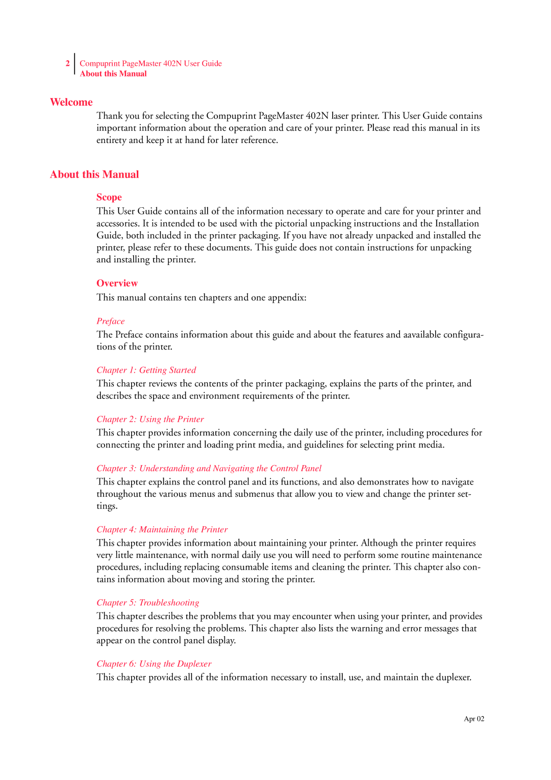 CPG PageMaster 402N manual Welcome, About this Manual, Scope, Overview 