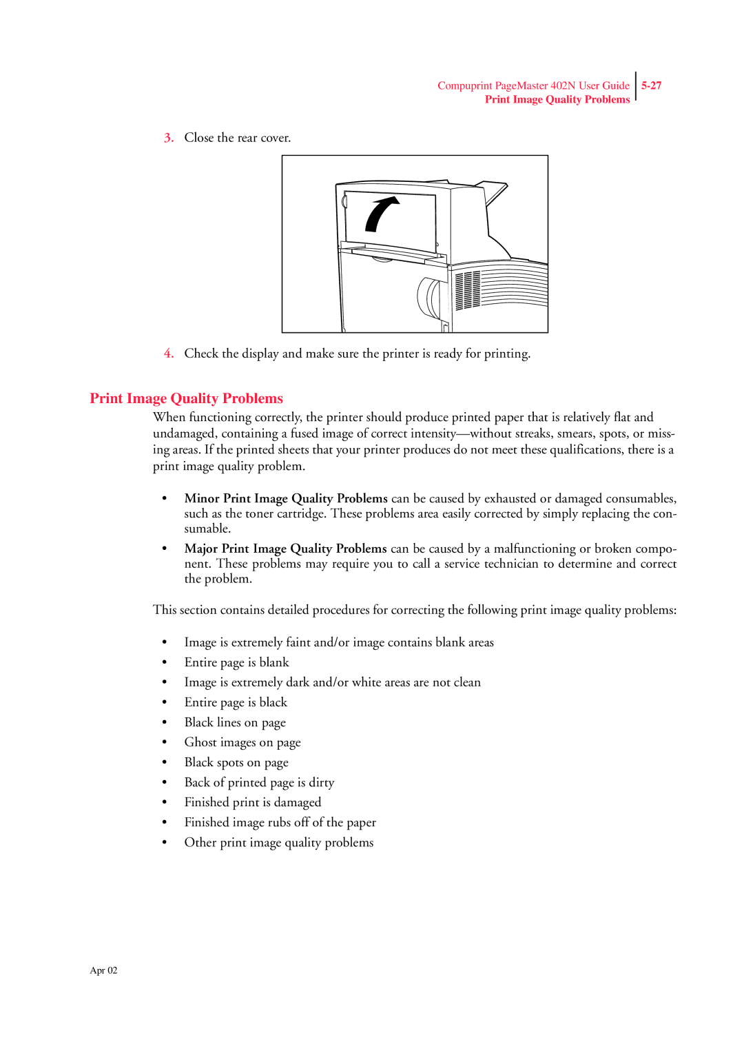 CPG PageMaster 402N manual Print Image Quality Problems 