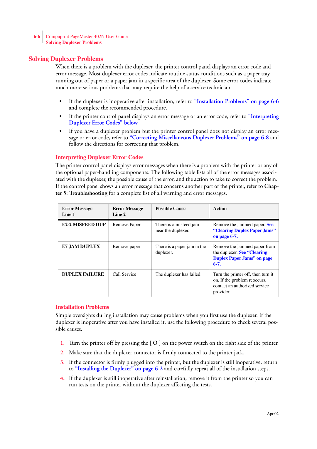 CPG PageMaster 402N manual Solving Duplexer Problems, Interpreting Duplexer Error Codes, Installation Problems 