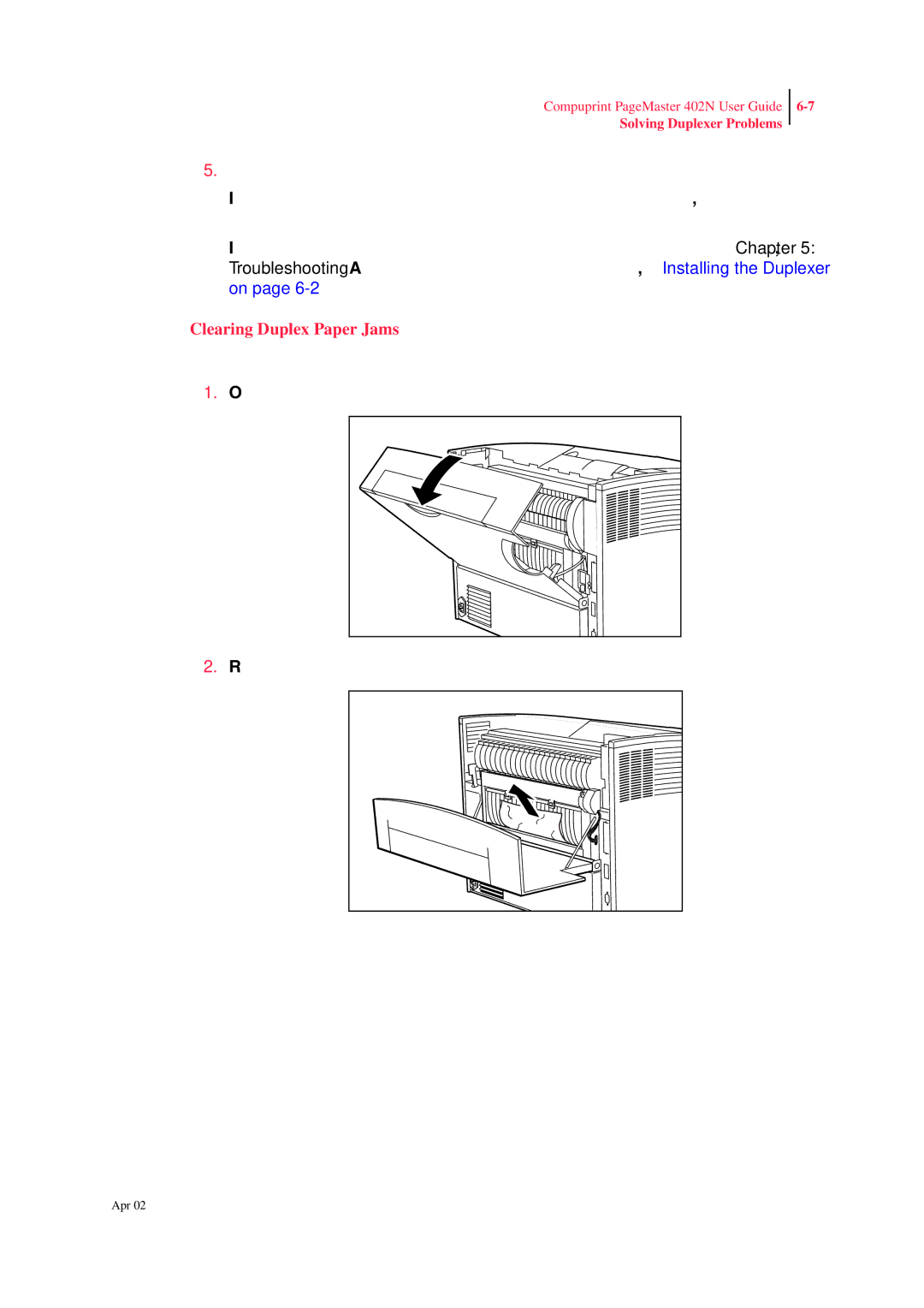 CPG PageMaster 402N manual Clearing Duplex Paper Jams 