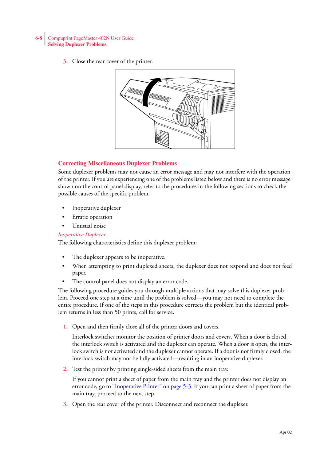 CPG PageMaster 402N manual Correcting Miscellaneous Duplexer Problems 