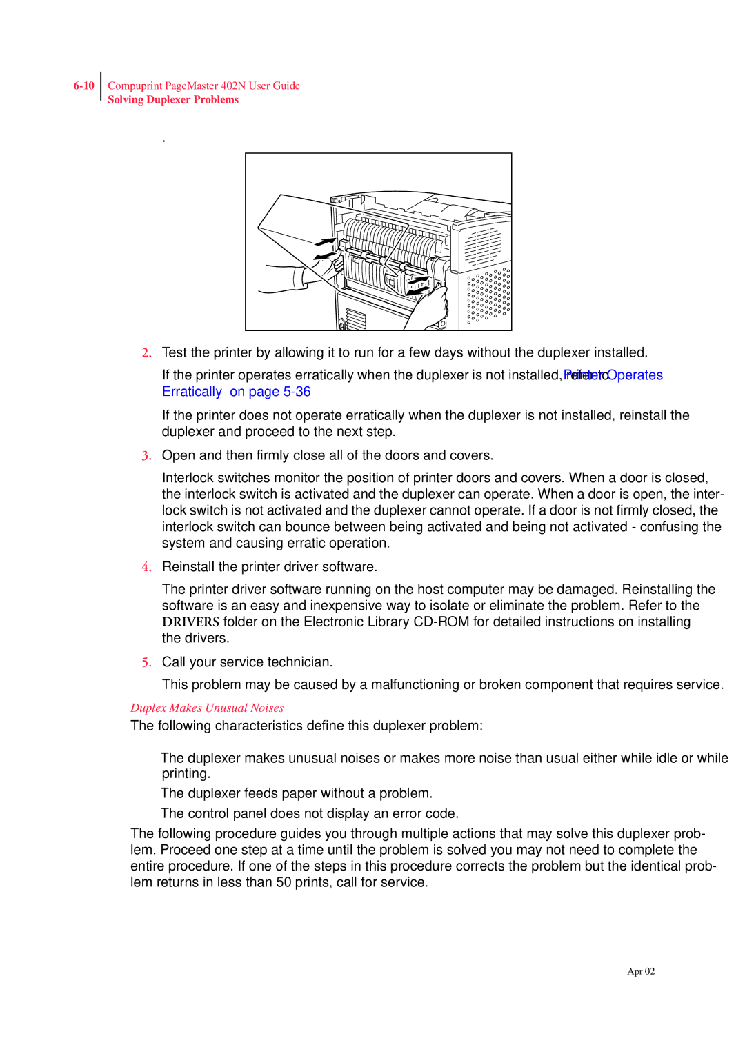 CPG PageMaster 402N manual Duplex Makes Unusual Noises 