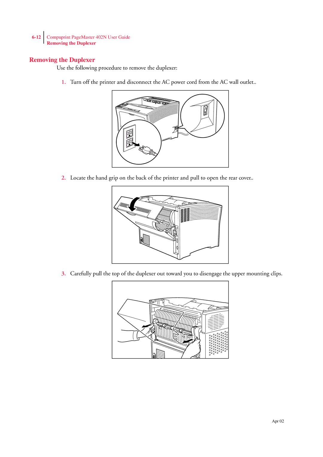 CPG PageMaster 402N manual Removing the Duplexer 