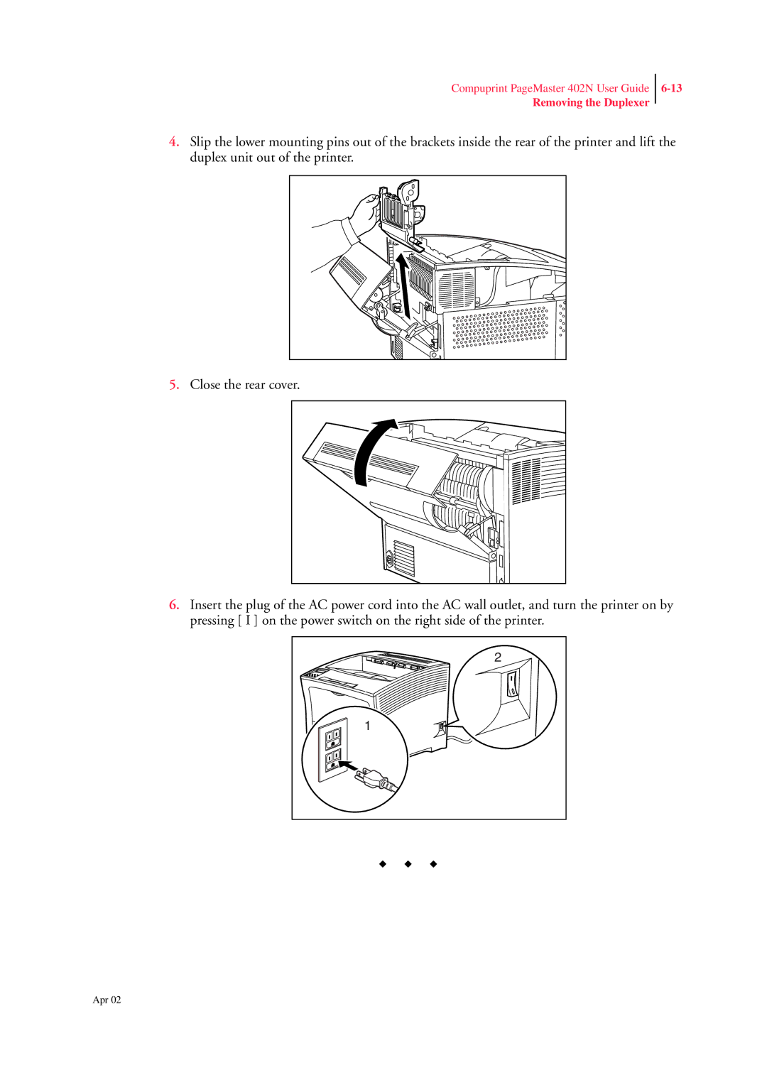 CPG PageMaster 402N manual Removing the Duplexer 