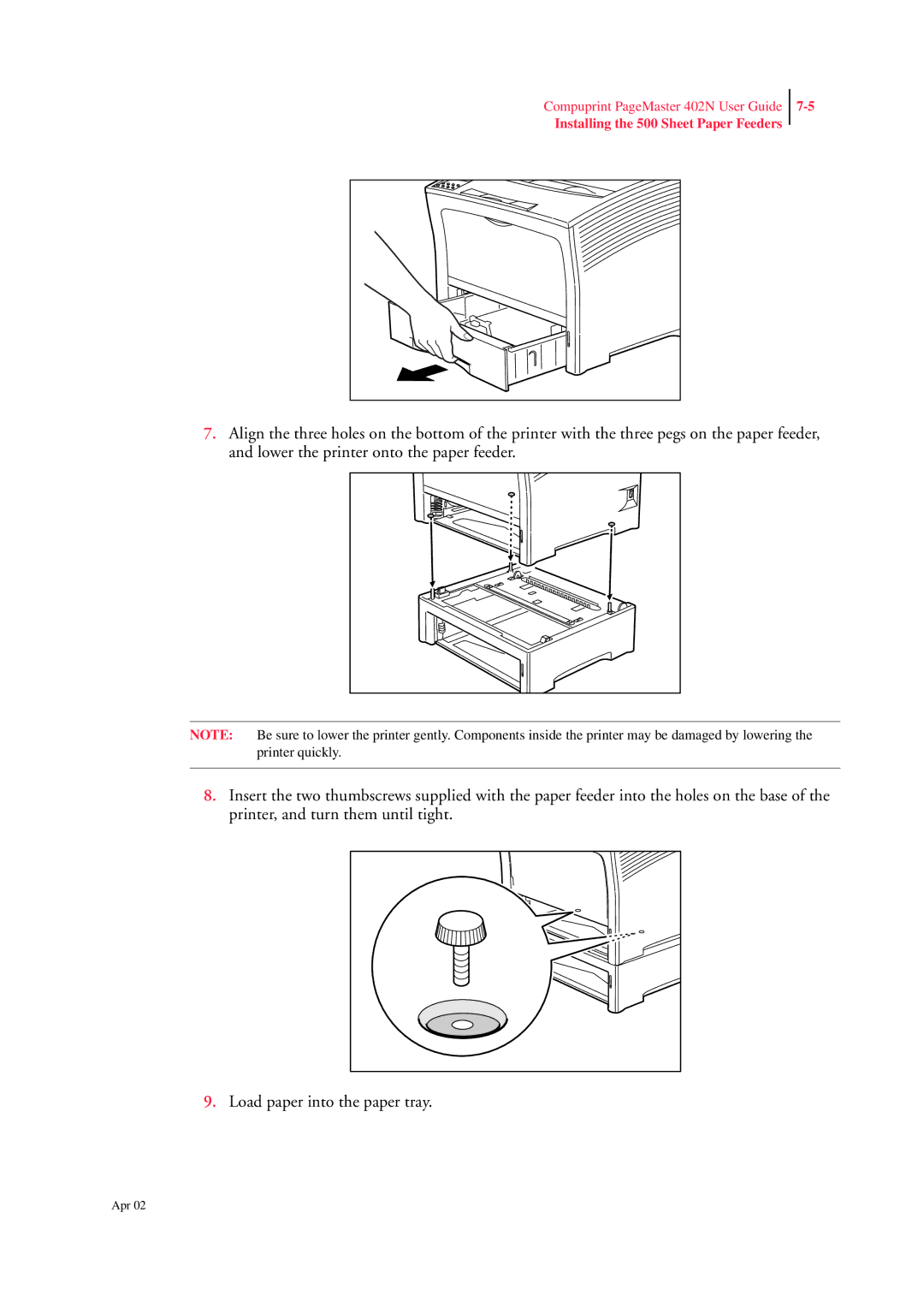 CPG PageMaster 402N manual Installing the 500 Sheet Paper Feeders 