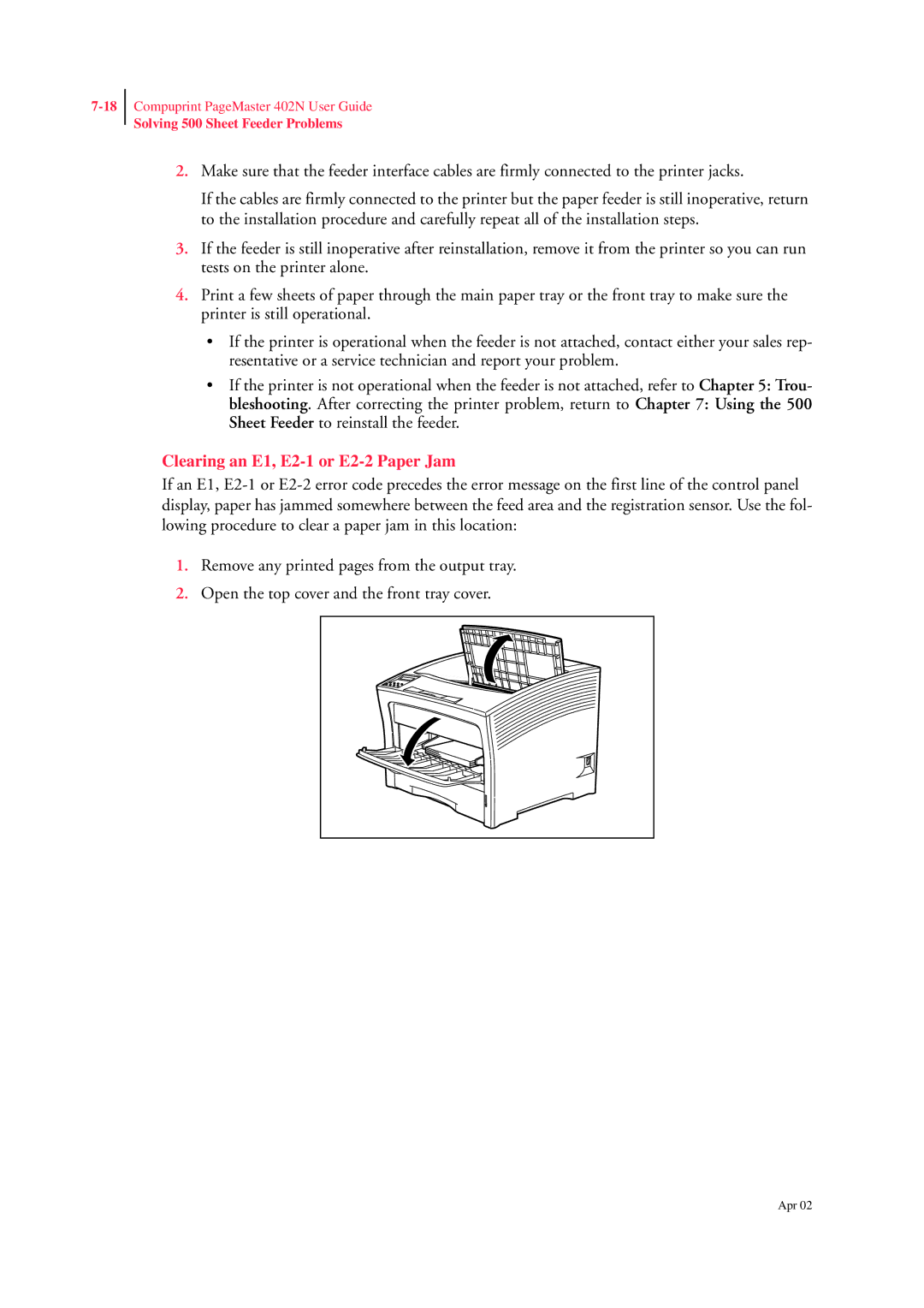 CPG PageMaster 402N manual Clearing an E1, E2-1 or E2-2 Paper Jam 