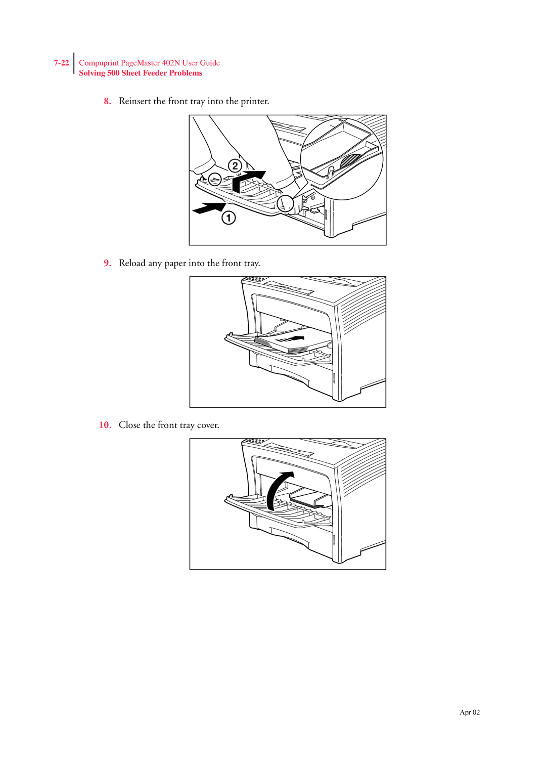 CPG PageMaster 402N manual Solving 500 Sheet Feeder Problems 