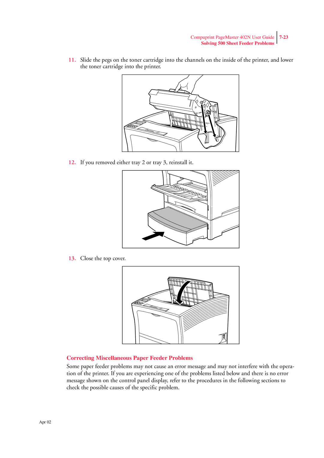 CPG PageMaster 402N manual Correcting Miscellaneous Paper Feeder Problems 