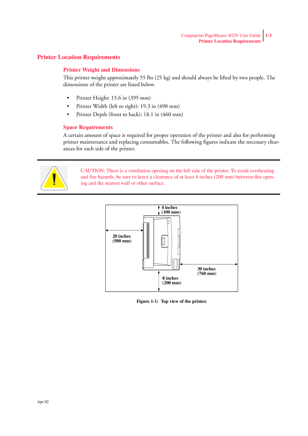 CPG PageMaster 402N manual Printer Location Requirements, Printer Weight and Dimensions, Space Requirements 