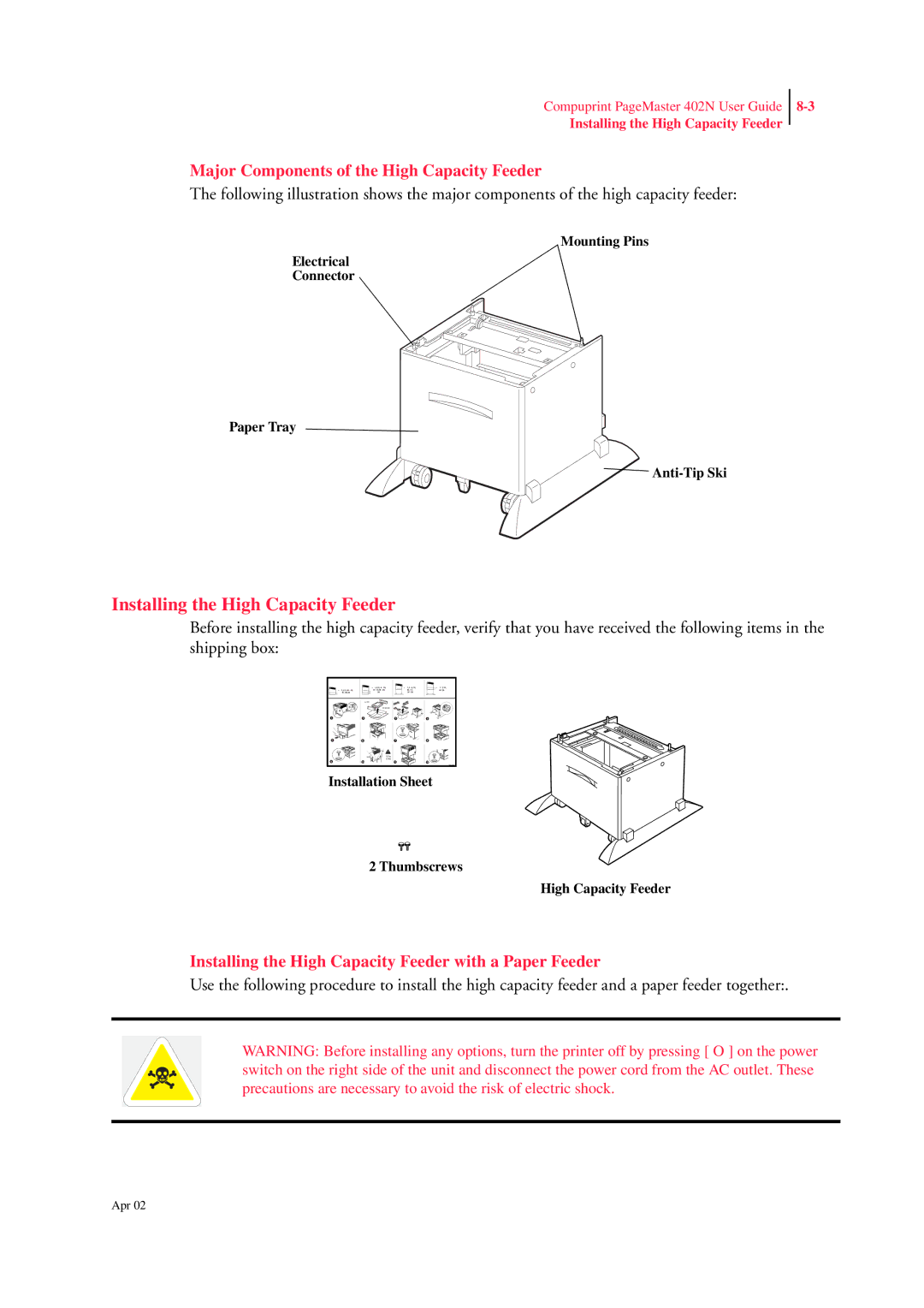 CPG PageMaster 402N manual Installing the High Capacity Feeder, Major Components of the High Capacity Feeder 