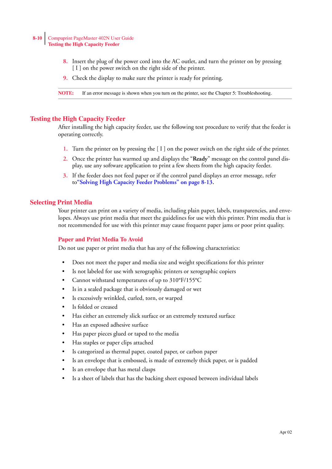 CPG PageMaster 402N manual Testing the High Capacity Feeder, Selecting Print Media 