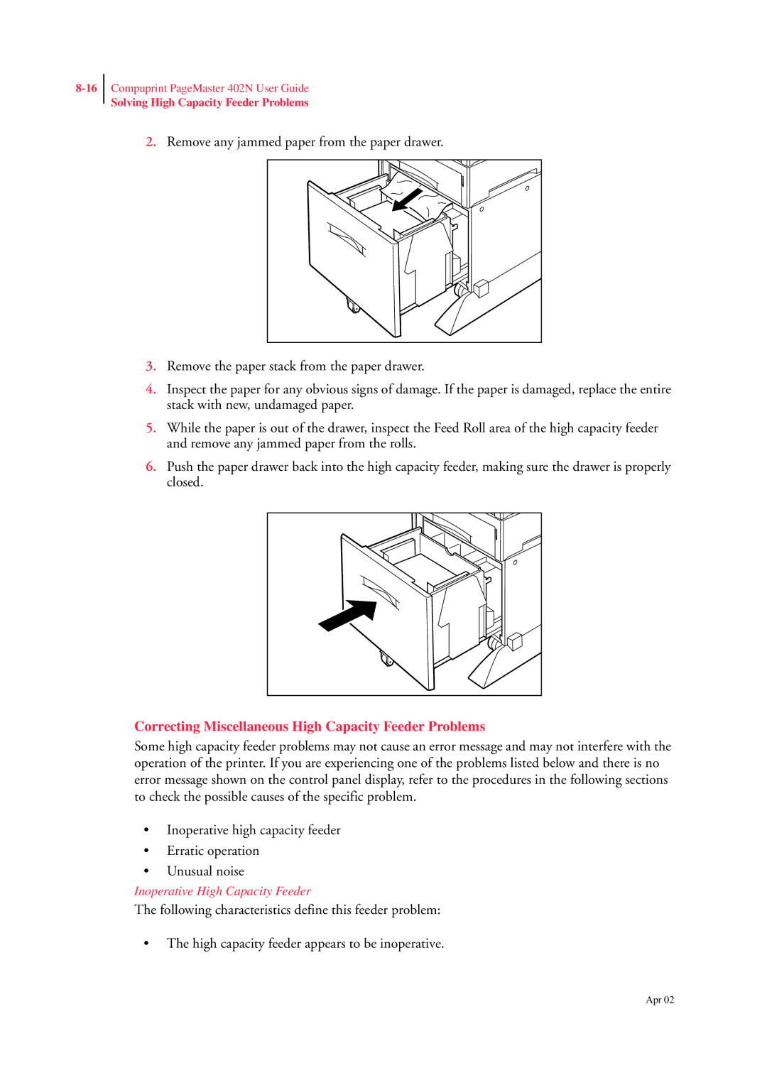 CPG PageMaster 402N manual Correcting Miscellaneous High Capacity Feeder Problems 