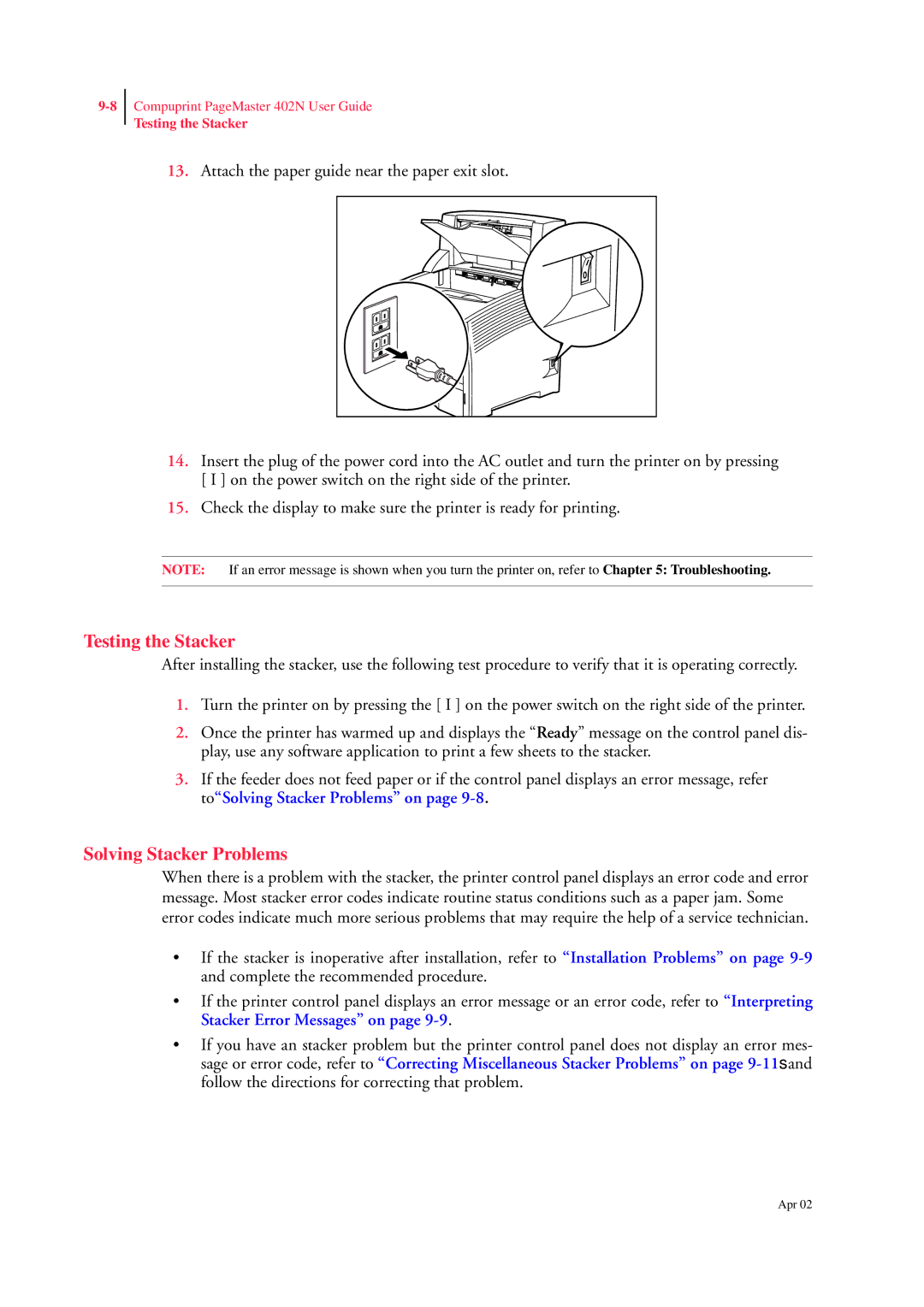 CPG PageMaster 402N manual Testing the Stacker, Solving Stacker Problems 