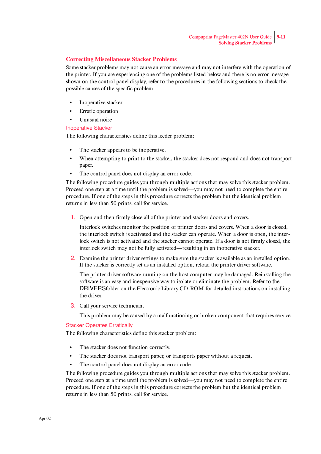 CPG PageMaster 402N manual Correcting Miscellaneous Stacker Problems 