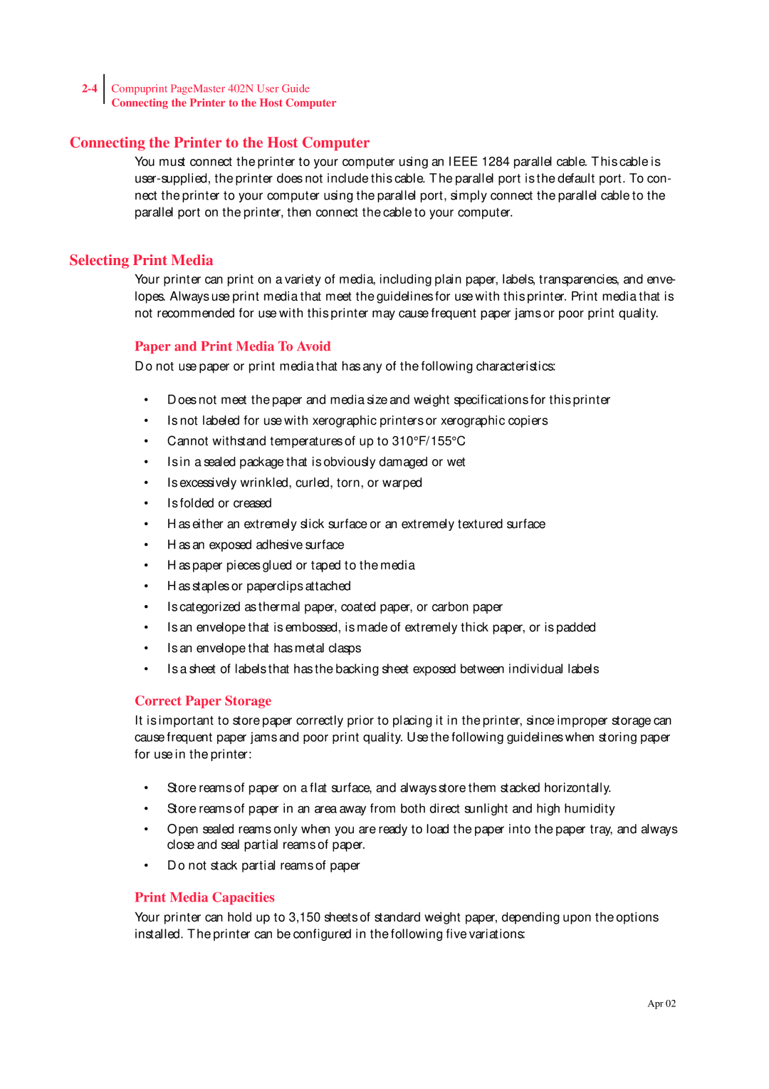 CPG PageMaster 402N Connecting the Printer to the Host Computer, Selecting Print Media, Paper and Print Media To Avoid 