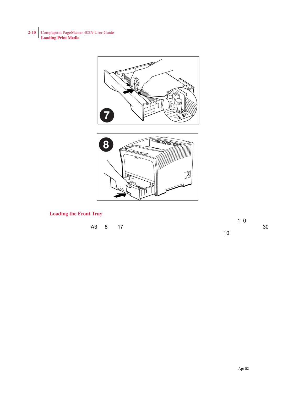 CPG PageMaster 402N manual Loading the Front Tray 