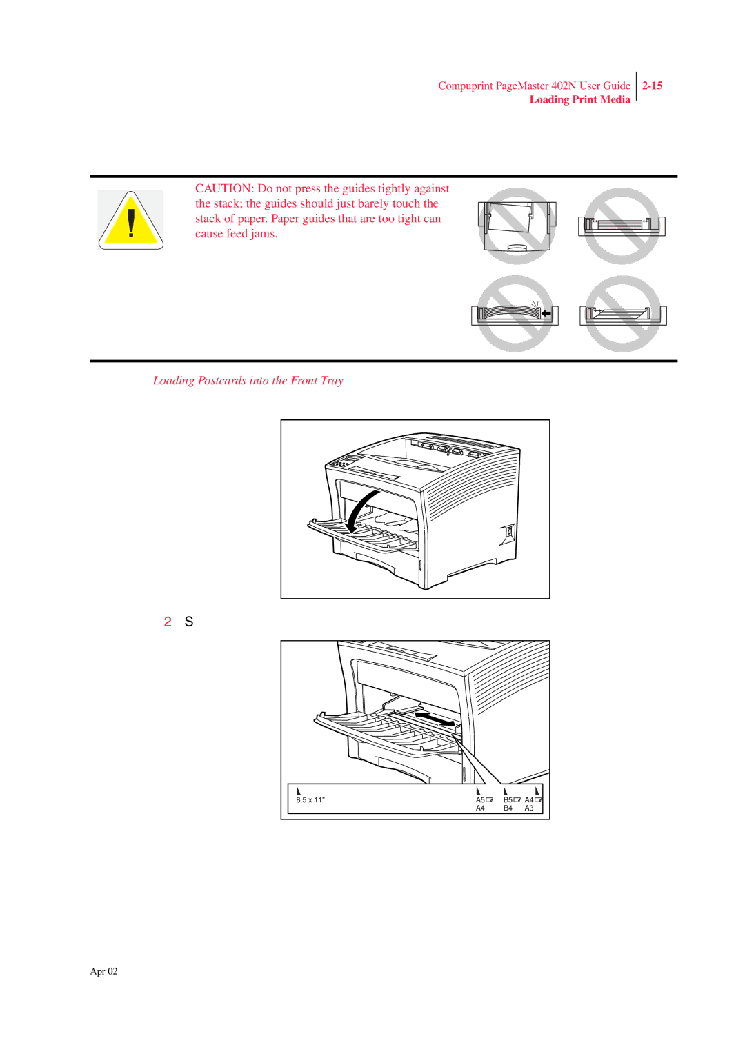 CPG PageMaster 402N manual Loading Postcards into the Front Tray 