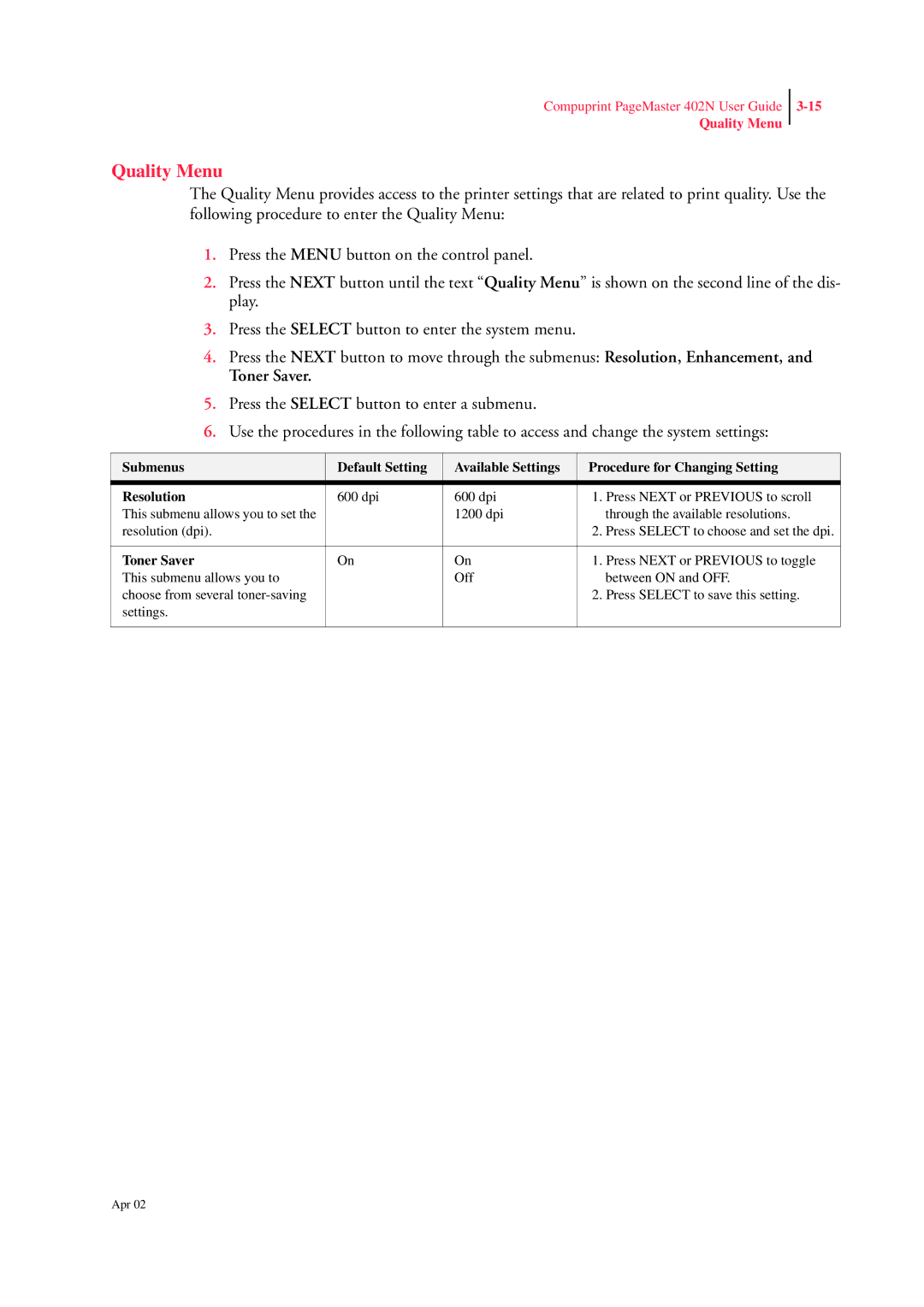 CPG PageMaster 402N manual Quality Menu, Toner Saver 