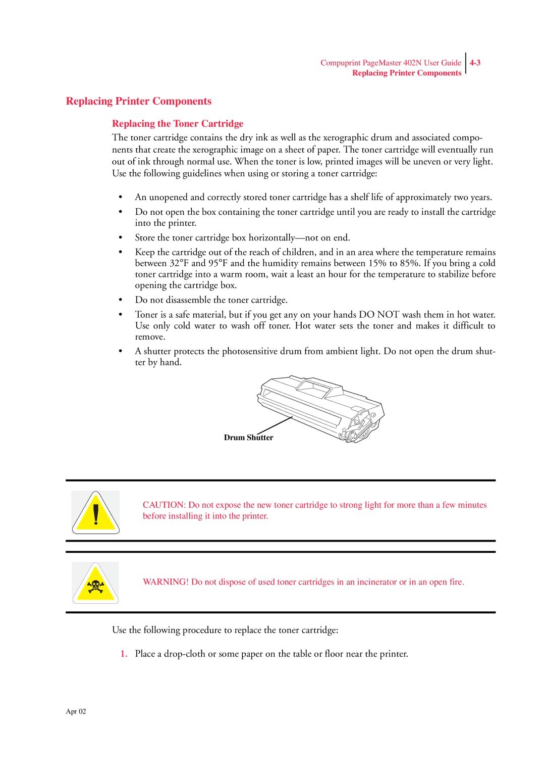 CPG PageMaster 402N manual Replacing Printer Components, Replacing the Toner Cartridge, Drum Shutter 