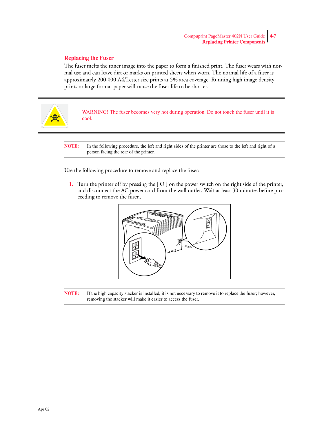 CPG PageMaster 402N manual Replacing the Fuser 