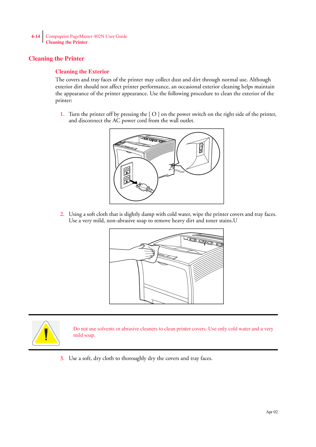 CPG PageMaster 402N manual Cleaning the Printer, Cleaning the Exterior 